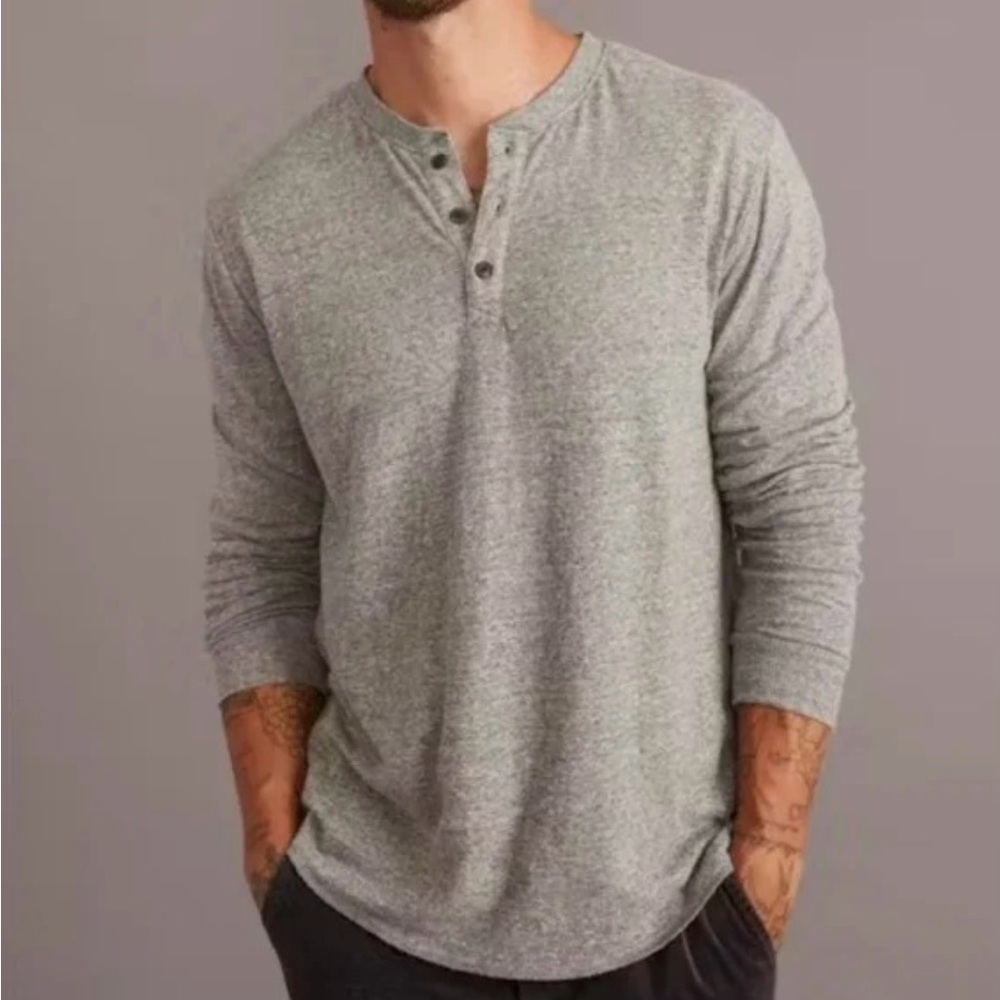 Marine Layer Men's Henley Large Double Knit Long Sleeve Heather Gray 13727